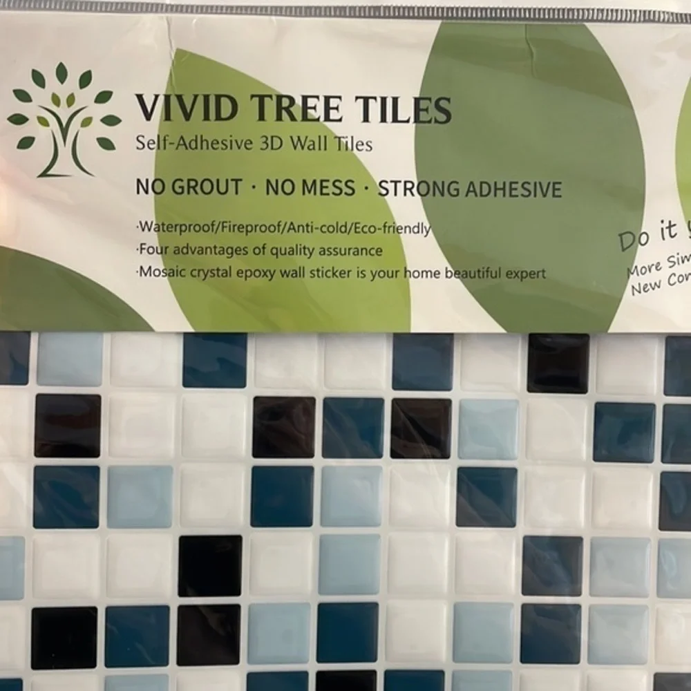 SELF-ADHESIVE 3D wall tiles. New in package. 10x10. 6 tiles. White, blue, black